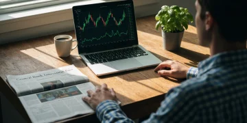 Finance Personnelle: Décrypter les Nouvelles pour Optimiser Vos Avantages et Votre Éducation Une personne, vue de dos, devant un ordinateur portable affichant des graphiques boursiers et un journal sur les taux d'intérêt, à la lumière du soleil matinal sur une table en bois, illustrant l'impact des nouvelles financières sur la vie quotidienne.