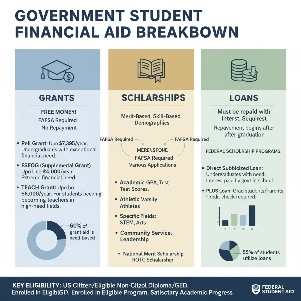 Infographie détaillée des types d'aides financières et des critères d'éligibilité pour les étudiants en 2026.