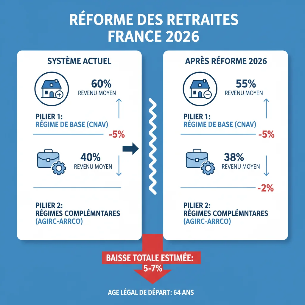 Infographie expliquant les mécanismes de la réforme des retraites 2026 et l'impact sur les piliers du système.