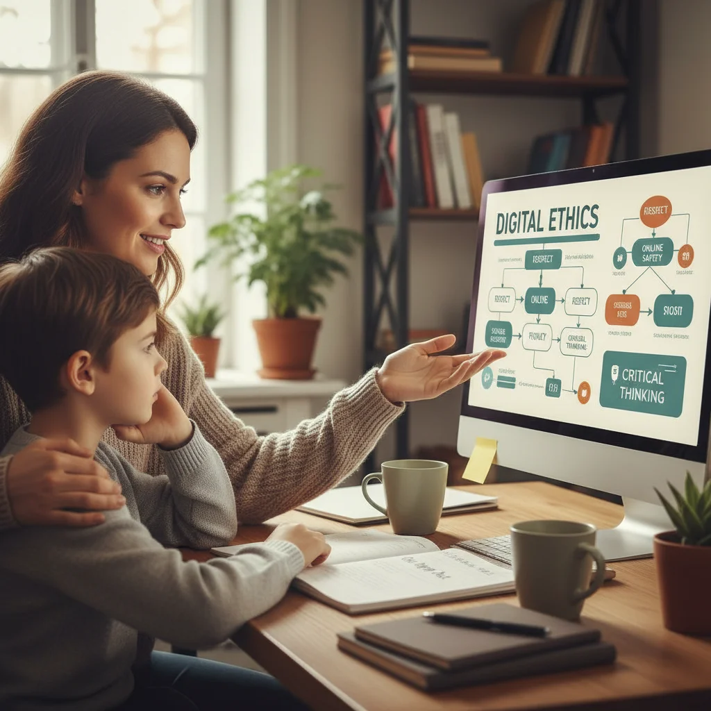 Parent et enfant discutant de l'éthique numérique et de la sécurité en ligne.