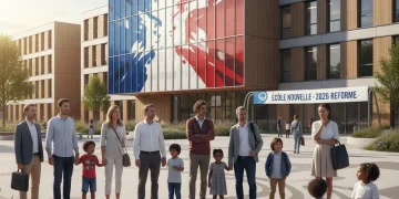 Parents et enfants devant une école, symbolisant l'impact de la réforme de l'éducation 2026 sur l'orientation scolaire.