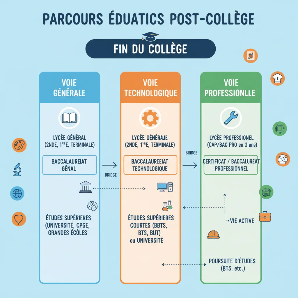 Schéma simplifié des parcours éducatifs post-collège en France, expliquant les options d'orientation de la réforme 2026.