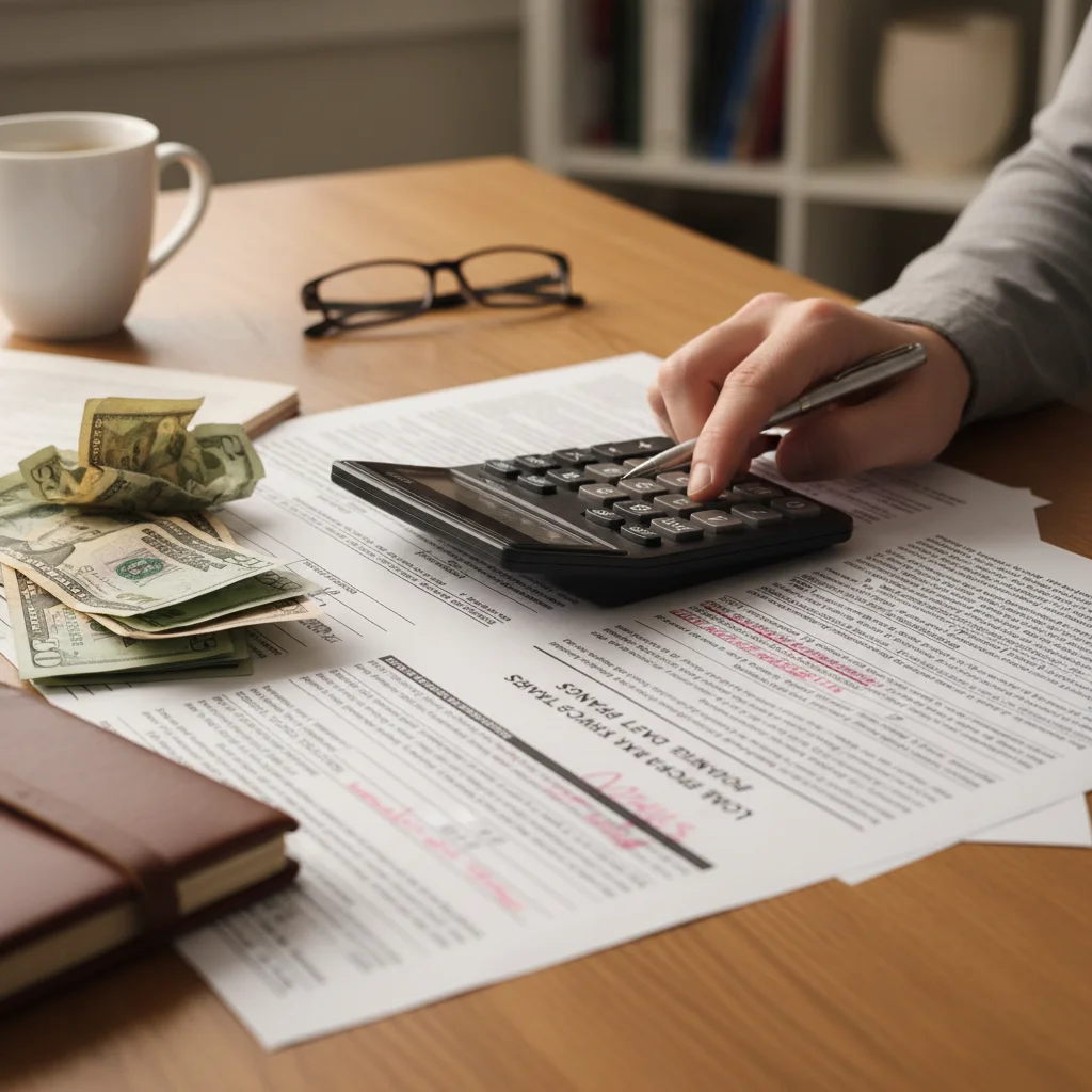 Main utilisant une calculatrice pour simuler l'impact de la taxe foncière 2026