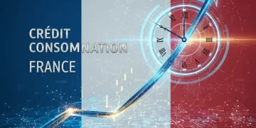 Graphique de tendances financières avec horloge et drapeau français, symbolisant le crédit à la consommation en France en 2026.