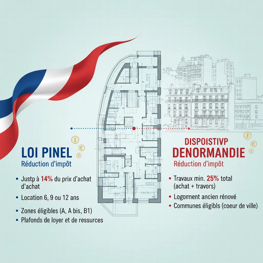 Schéma explicatif des dispositifs Pinel et Denormandie et leurs avantages fiscaux.