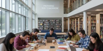 Étudiants concentrés révisant pour les CPGE 2026 dans une bibliothèque moderne.