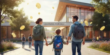 Famille souriante se dirigeant vers l'école, symbolisant la rentrée scolaire et les aides financières.