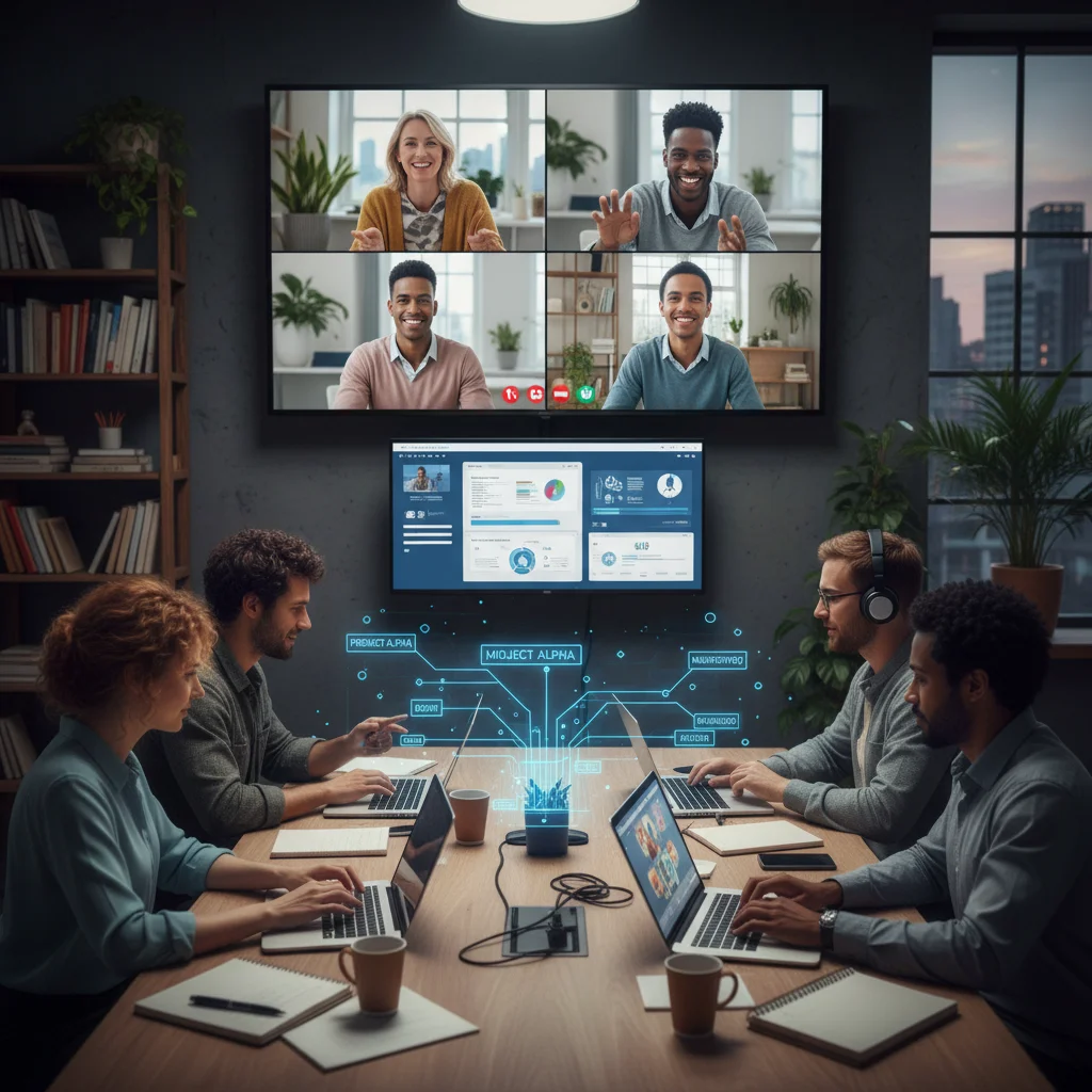 Groupe participant à une formation numérique en ligne, illustrant l'apprentissage continu des compétences.