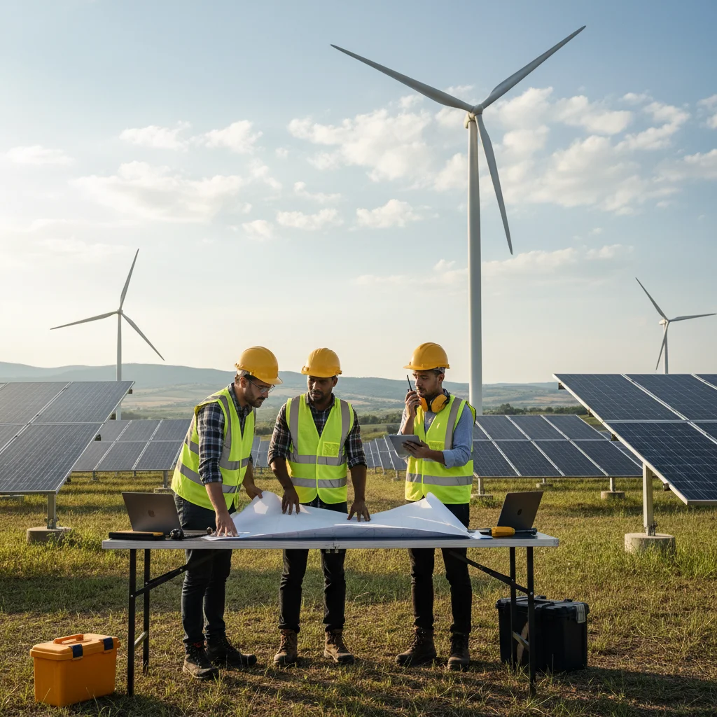 Ingénieurs travaillant sur un projet d'énergie renouvelable, symbolisant les filières vertes.