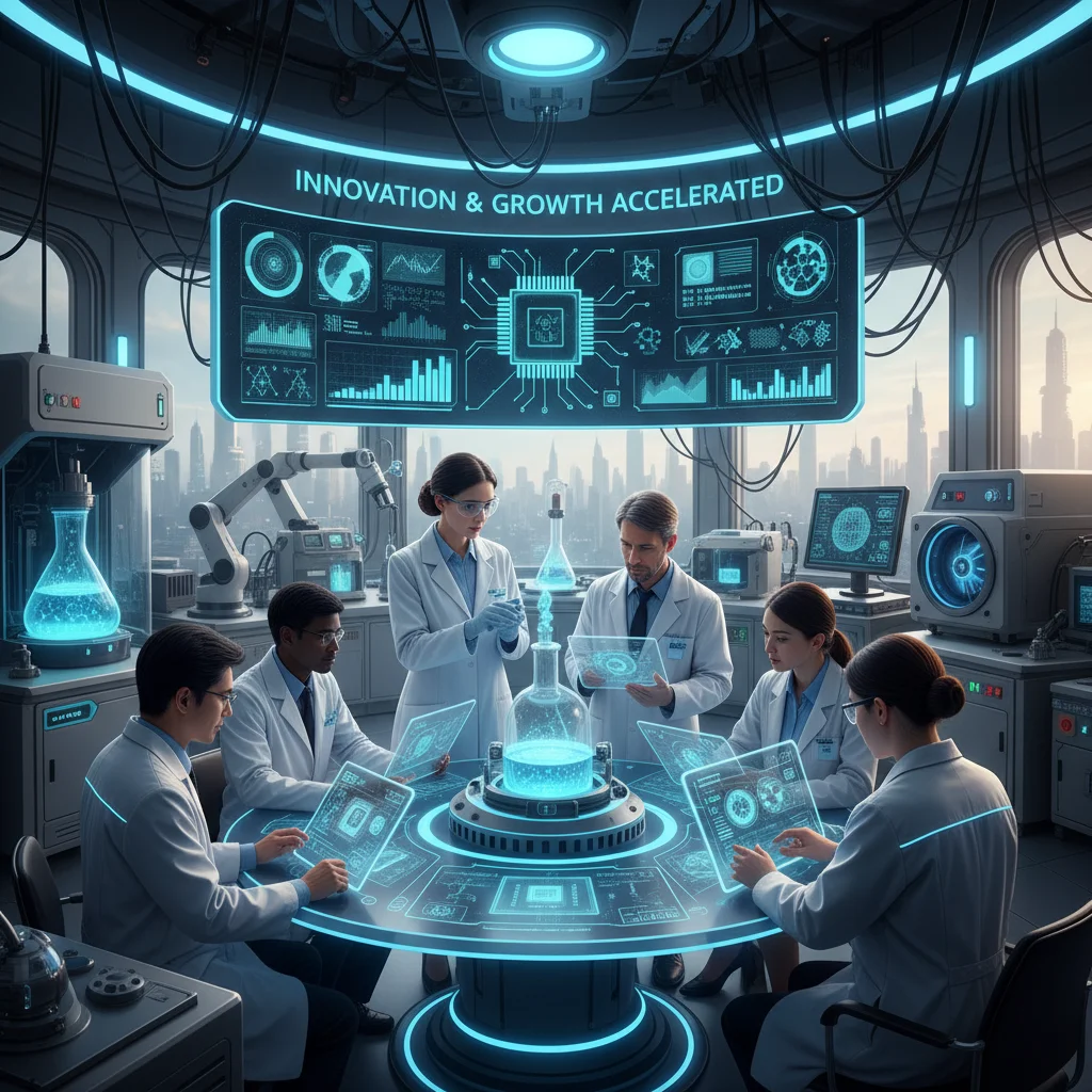 Équipe de chercheurs travaillant dans un laboratoire de haute technologie, illustrant l'innovation et la recherche-développement.