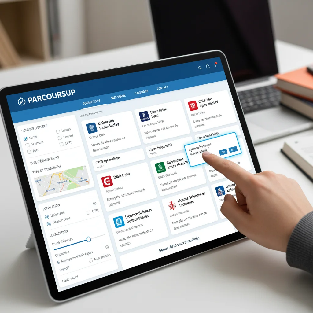 Interface de la plateforme Parcoursup avec des options de vœux et d'orientation.