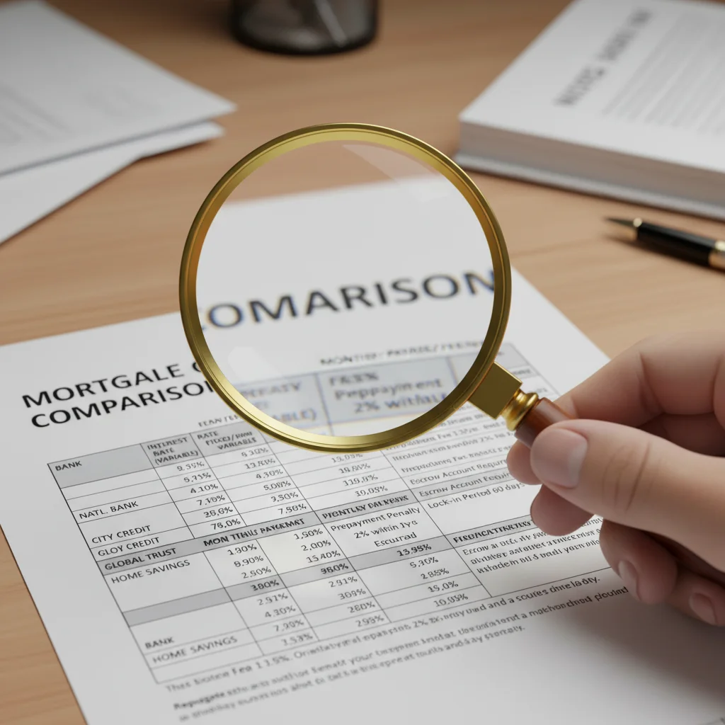 Loupe examinant les offres de taux de crédit immobilier des banques.