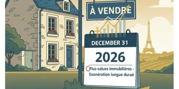 Maison française avec panneau 'À vendre' et graphiques fiscaux pour les plus-values immobilières 2026
