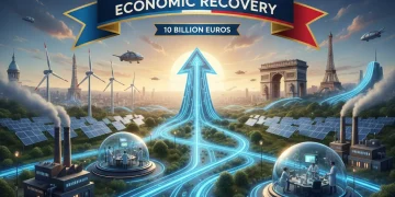 Graphique représentant la relance économique française en 2026, avec des flèches d'investissement vers l'écologie, l'innovation et l'industrie.