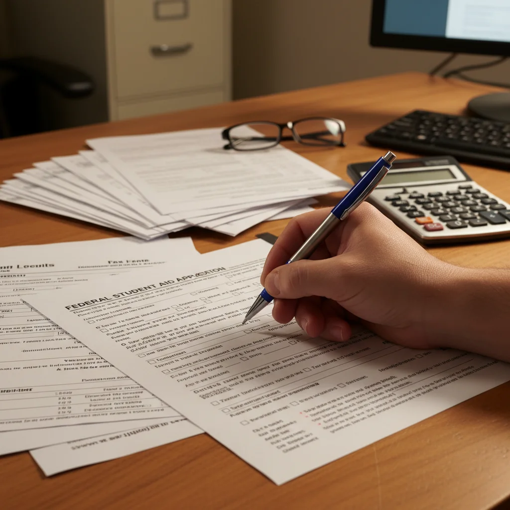 Main remplissant un formulaire administratif pour l'allocation de rentrée scolaire.