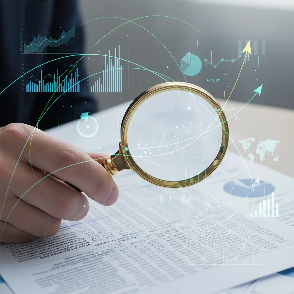 Main analysant un rapport financier avec loupe, prévisions économiques.