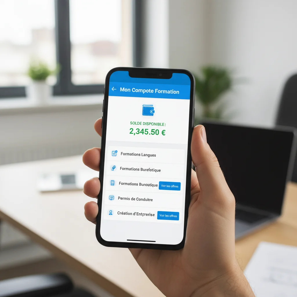 Interface de l'application Mon Compte Formation sur smartphone, montrant les droits disponibles.