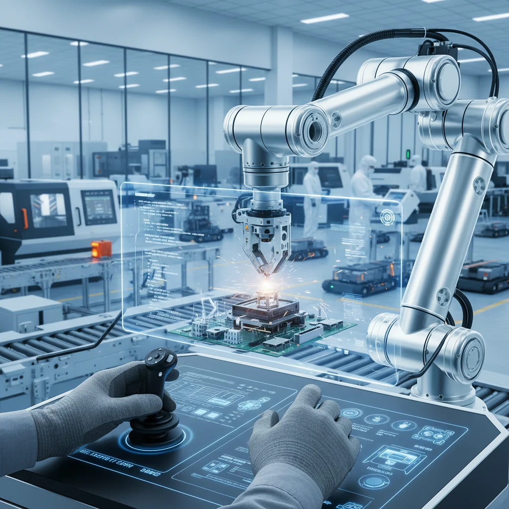 Mains manipulant un bras robotique dans une usine de haute technologie, illustrant l'automatisation et l'industrie 4.0.