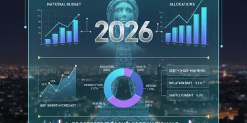 Infographie détaillée du budget de l'État 2026 avec des chiffres clés et des graphiques financiers.