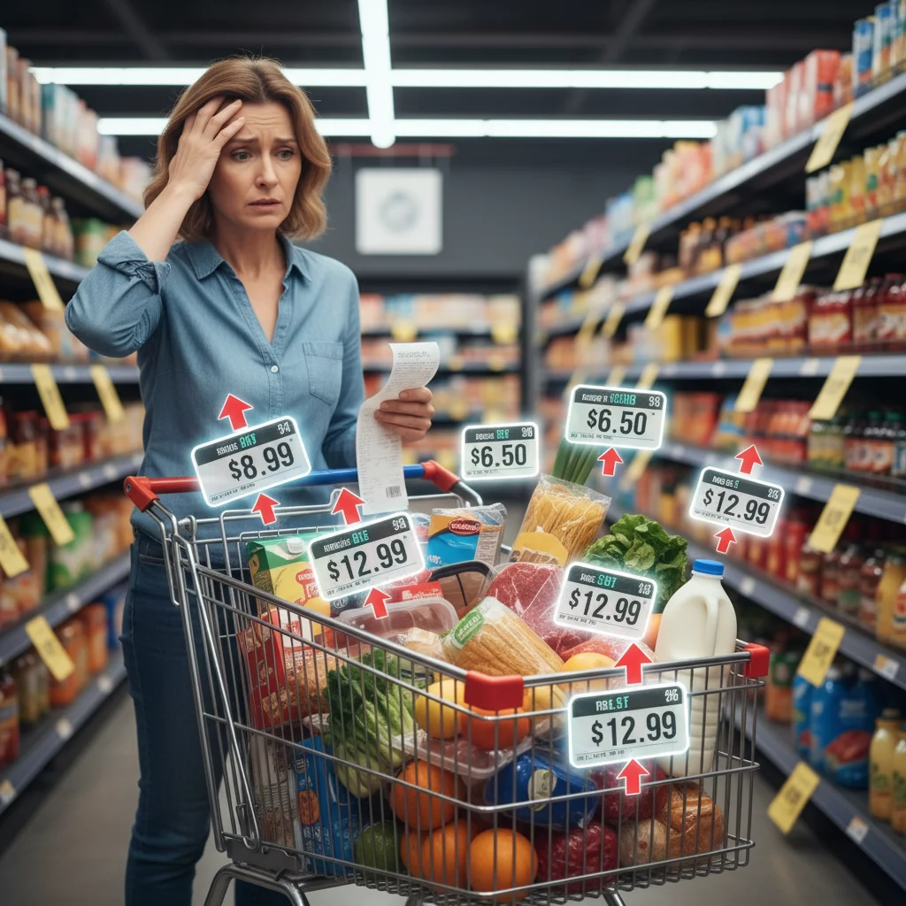 Caddie rempli de courses avec des prix en hausse, impact sur la consommation