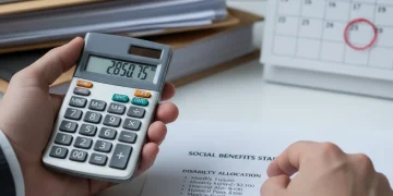 Mains d'une personne calculant les aides sociales, avec des documents officiels et un calendrier 2026 en arrière-plan, symbolisant la planification financière pour l'AAH.