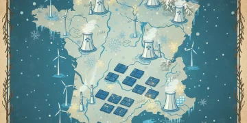 Carte stylisée de la France avec symboles énergétiques et flocons de neige, représentant la préparation énergétique pour l'hiver.