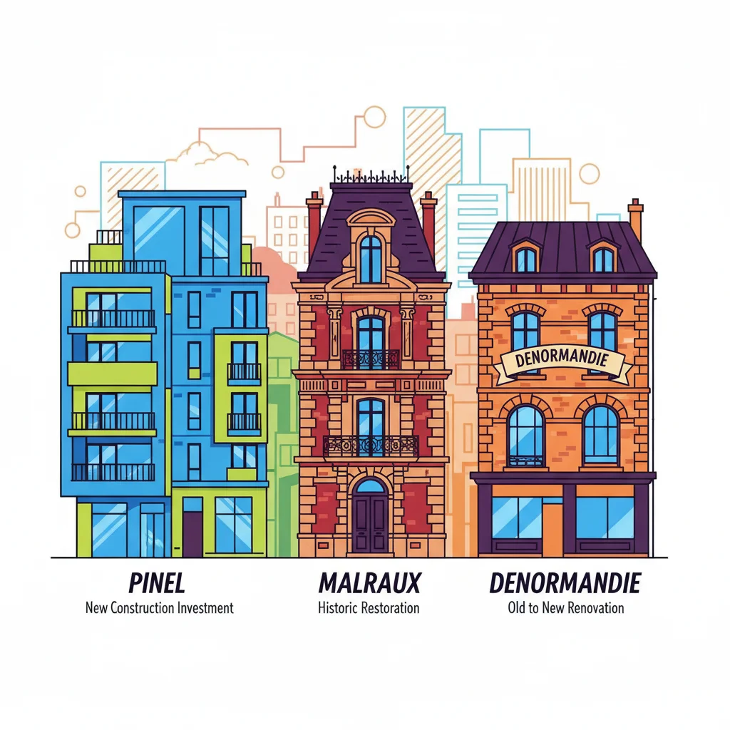 Comparaison visuelle des dispositifs Pinel, Malraux et Denormandie