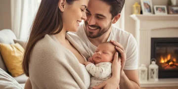 Jeune couple heureux avec leur nouveau-né, symbolisant le bonheur du congé parental.