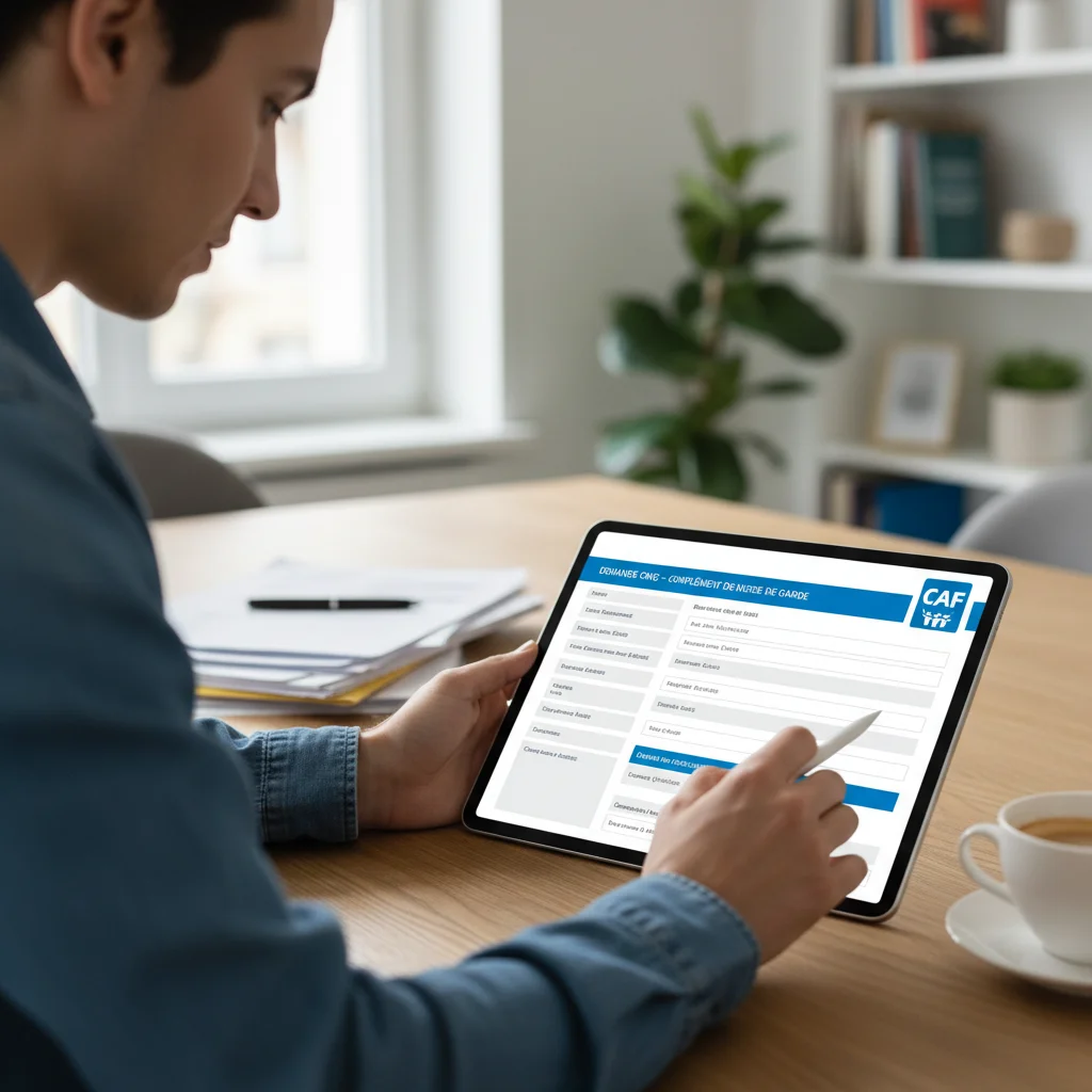 Personne remplissant un formulaire de demande d'aide CMG en ligne sur le site de la CAF