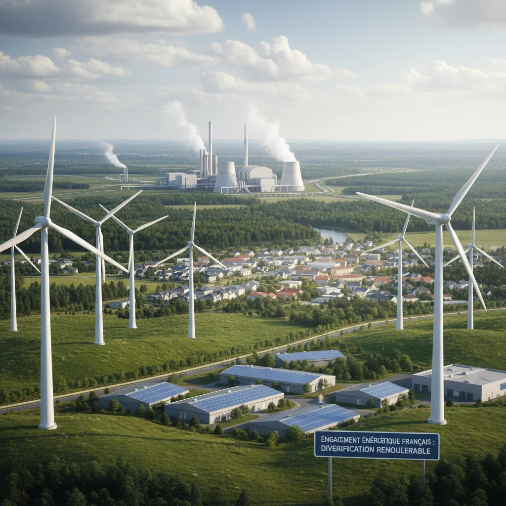 Panneau solaire, éoliennes et usine géothermique, illustrant la diversification des énergies renouvelables en France.