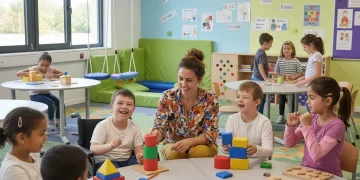 Enfants souriants et enseignants bienveillants dans une classe d'éducation spécialisée inclusive en France.