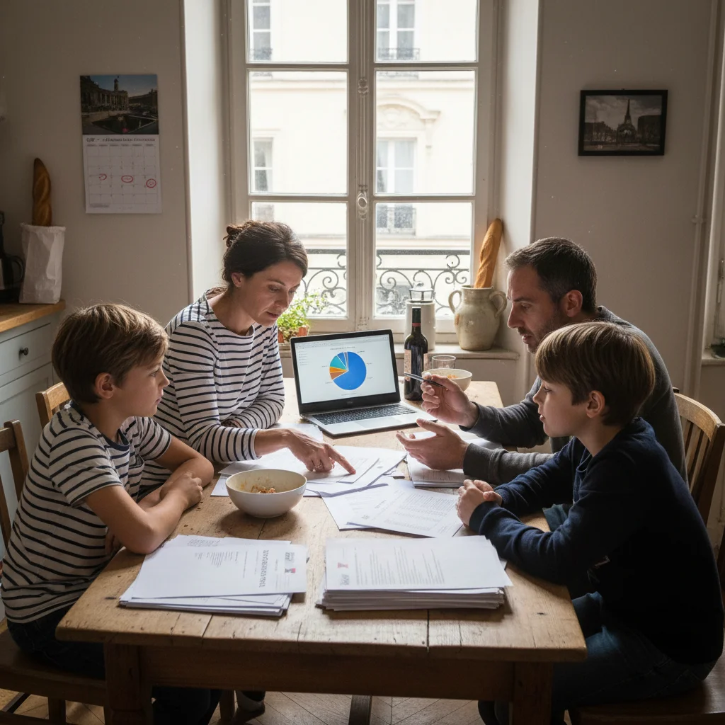 Famille française examinant des documents financiers, illustrant l'impact des allocations sur le budget des ménages.