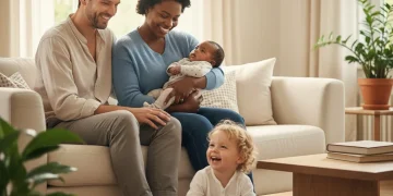 Famille heureuse avec assistante maternelle, symbolisant l'aide CMG pour la garde d'enfants