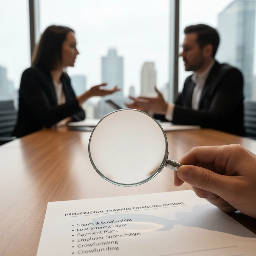 Main tenant une loupe sur un document de financement de formation professionnelle.