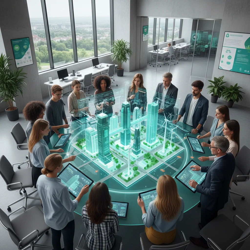 Étudiants et instructeurs interagissant avec une projection holographique d'une ville intelligente, symbolisant la formation en développement durable.