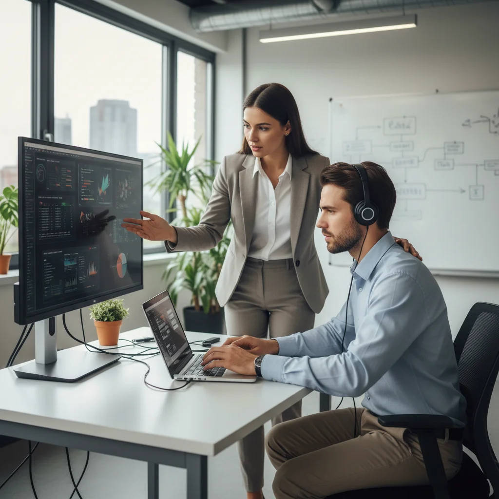 Deux personnes en formation professionnelle, échangeant des connaissances et utilisant un ordinateur portable.