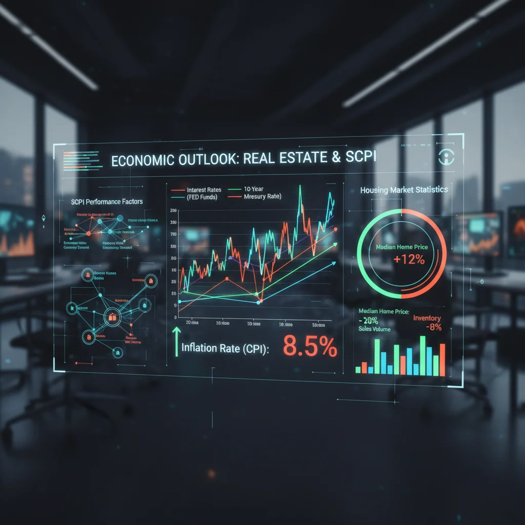 Tableau de bord numérique avec des indicateurs économiques et tendances du marché immobilier