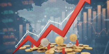 Graphique de l'inflation en France, flèche rouge ascendante sur carte de France, symboles monétaires