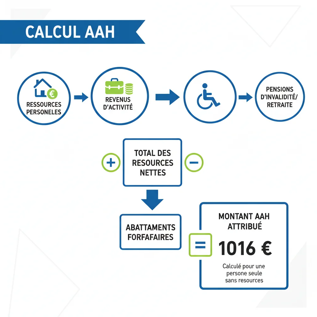 Infographie détaillée montrant le calcul des revenus pris en compte pour l'AAH, avec des icônes représentant différentes sources et le montant cible de 1016 euros.