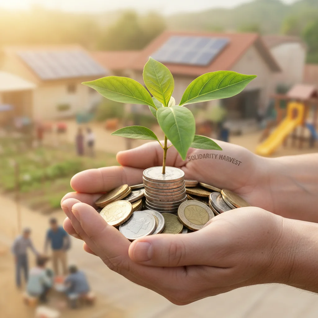 Mains tenant une plante germant de pièces de monnaie, symbolisant les investissements solidaires et leur croissance.