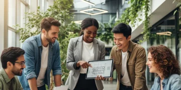 Jeunes professionnels souriants et engagés dans un environnement de travail moderne, symbolisant l'avenir de l'alternance en France.