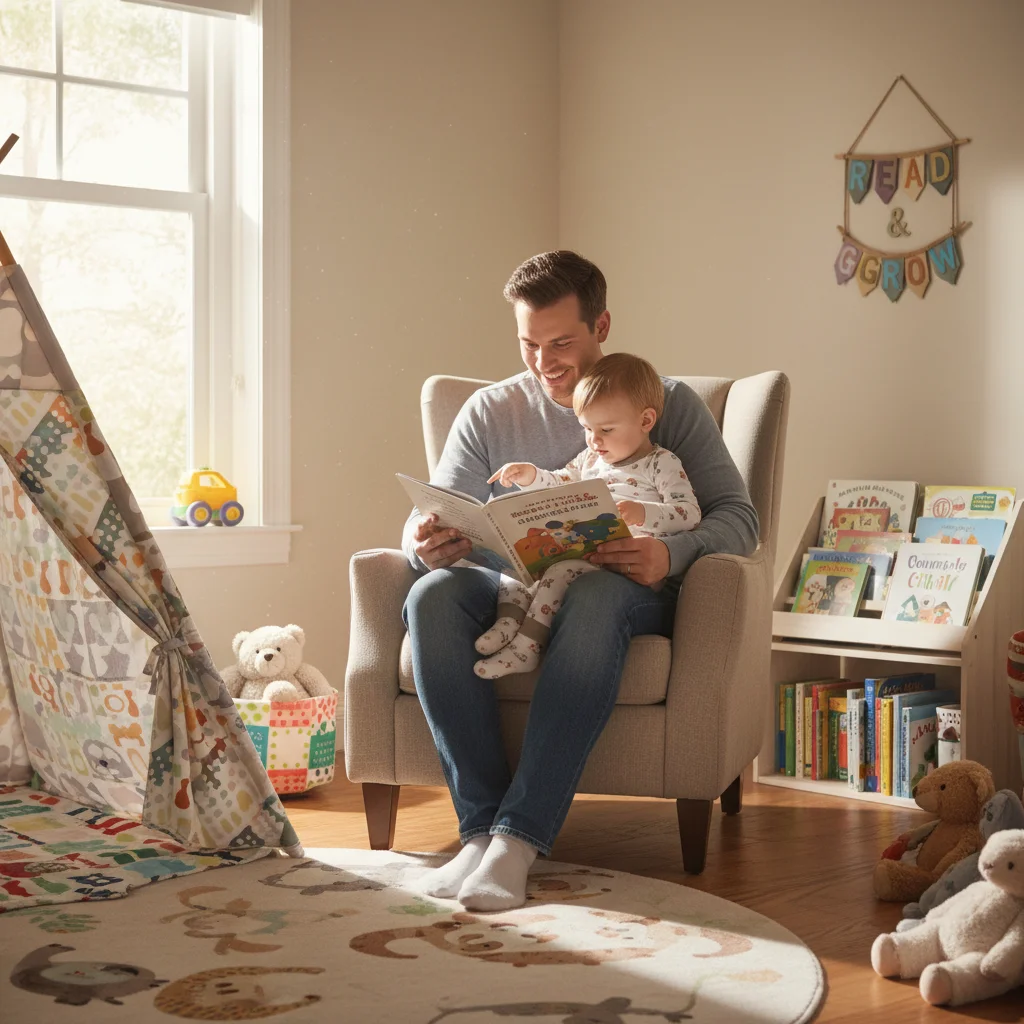 Parent lisant un livre à un jeune enfant, illustrant le temps de qualité pendant le congé parental.