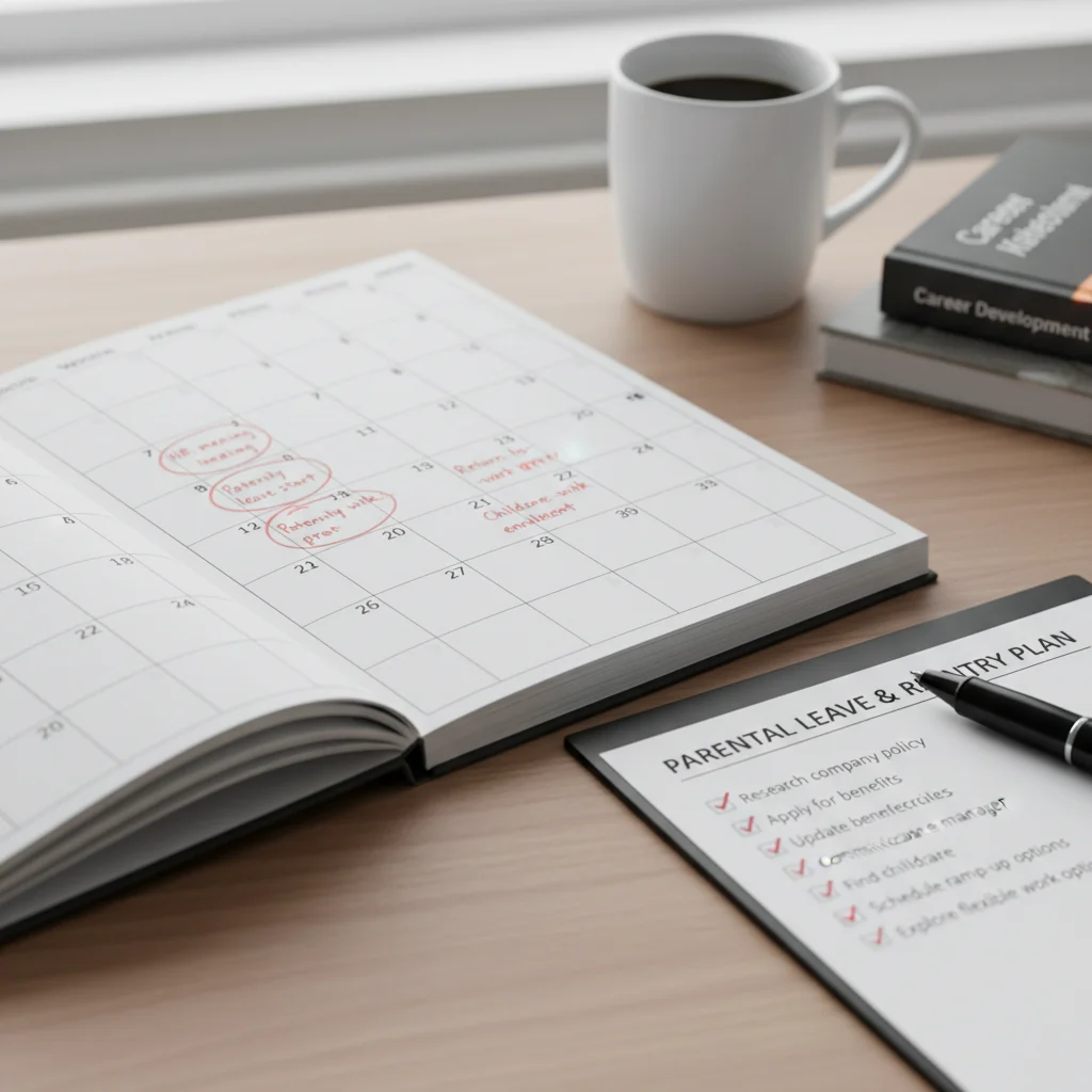Calendrier et documents, représentant la planification administrative du congé parental.