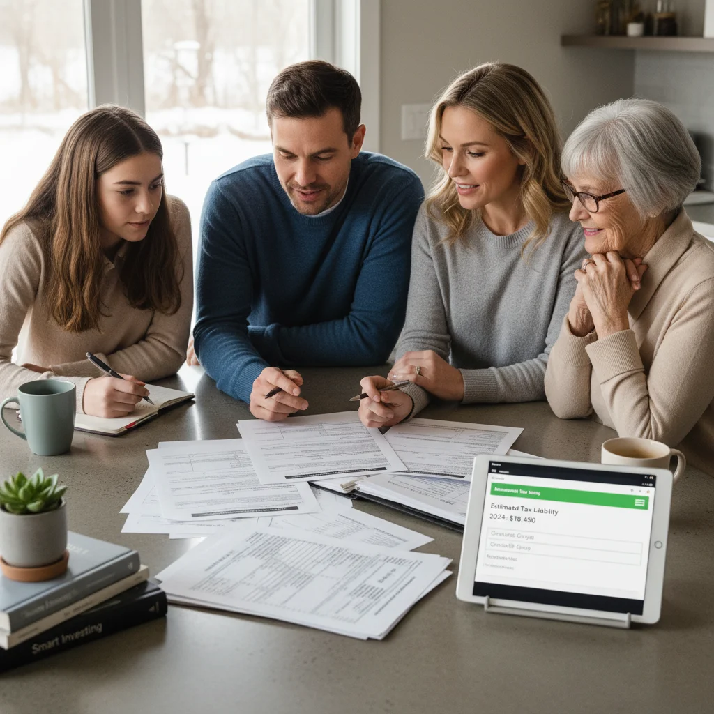 Famille examinant des documents fiscaux pour planifier des dons et des investissements avec défiscalisation.