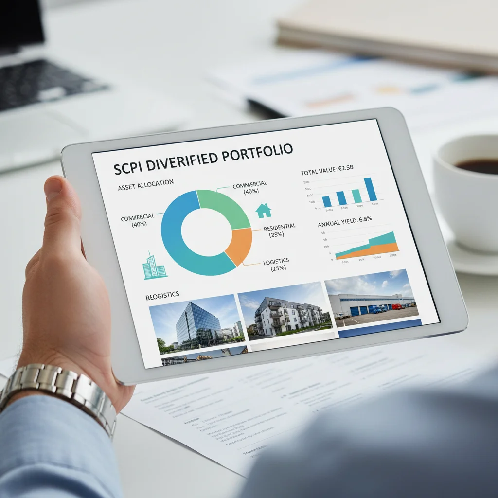 Main tenant une tablette affichant un portefeuille diversifié d'actifs immobiliers SCPI