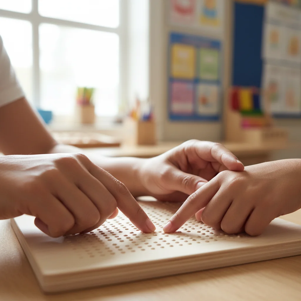 Enseignant aidant un élève avec un outil d'apprentissage tactile, accent sur le soutien personnalisé.