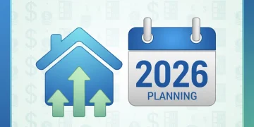 Illustration conceptuelle des aides au logement APL 2026 avec une maison et des graphiques financiers.