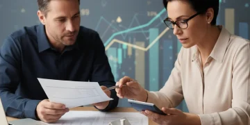 Couple étudiant des documents de crédit immobilier 2026 avec un conseiller financier.