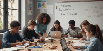 Groupe d'élèves studieux préparant le nouveau Baccalauréat 2026 avec détermination.