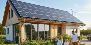 Maison rénovée avec panneaux solaires symbolisant la rénovation énergétique et les économies d'impôts.